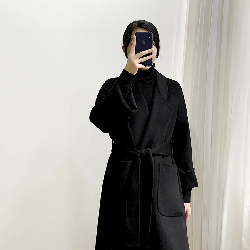 

2020 New Black Woolen Coat Women's Long Autumn And Winter Thickened Temperament Loose And Thin Ladies Woolen Coat