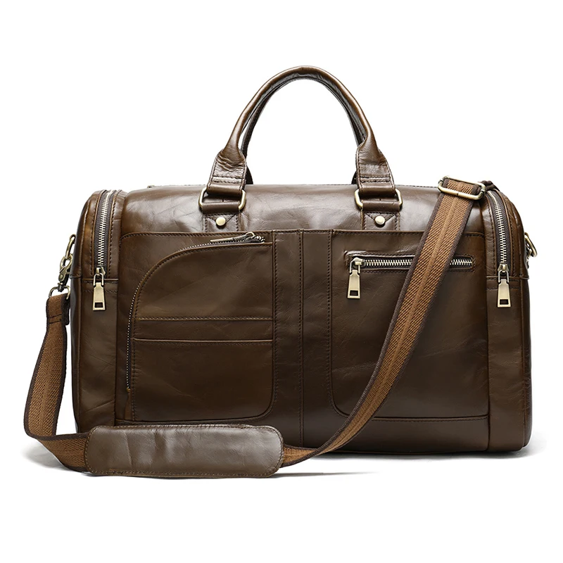 Men's Genuine Leather Travel Bag Multifunction Retro   Square Duffle Bag Male Business Trip Zipper Pocket   Handbags
