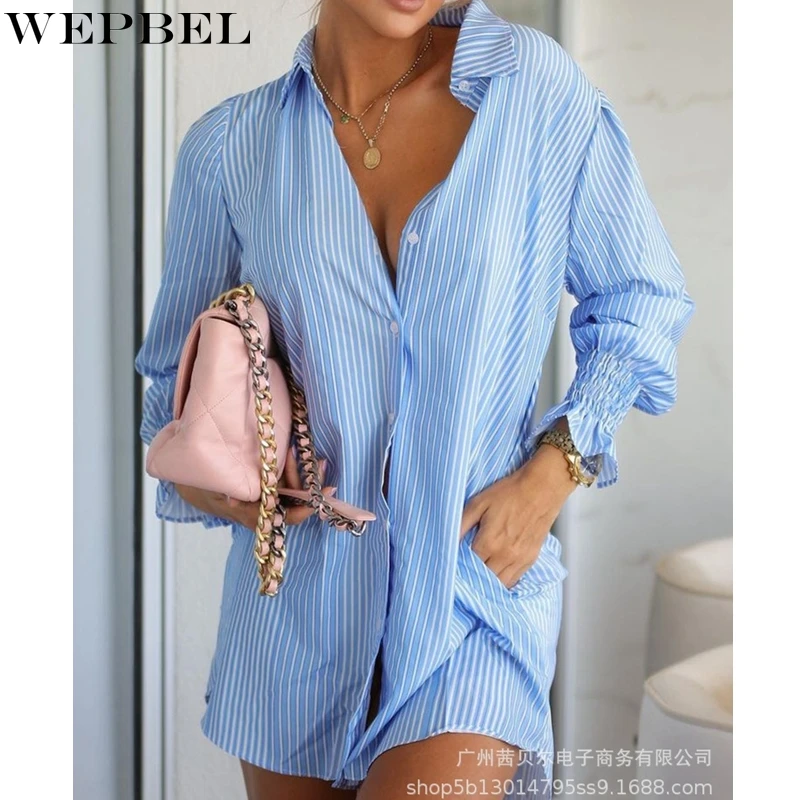 

Рубашка WEPBEL Женская Повседневная полосатая свободная однобортная, модная Асимметричная сорочка с длинным рукавом и отложным воротником, н...