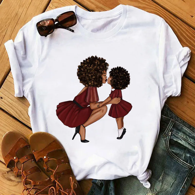 

Poppin Mom T Shirt vogue T Shirt Women Black African Curly Hair girl Printed Tshirt Femme Harajuku Clothes Female T-shirt Tops