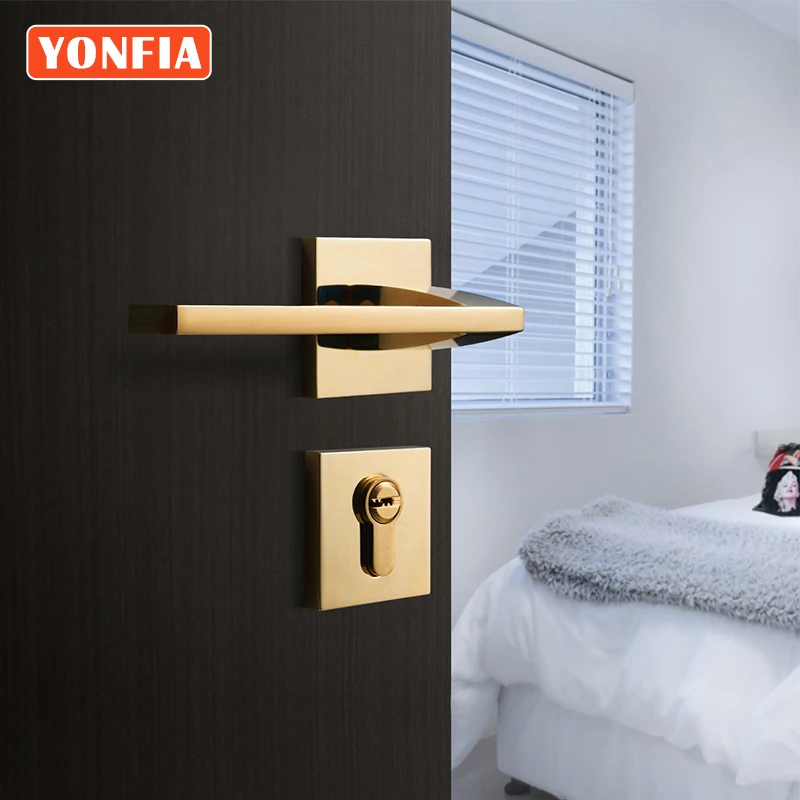 yonfia 8039 square privacy pvd gold home room wood door lock handle set bathroom mortise lever door handle for interior door free global shipping