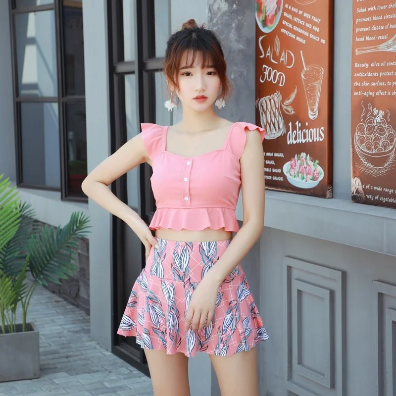 

2021 Swimsuit Women's Split Twopiece Skirt Style Flat Angle Hot Spring Belly Covering Conservative Small Fresh Student Swimsuit