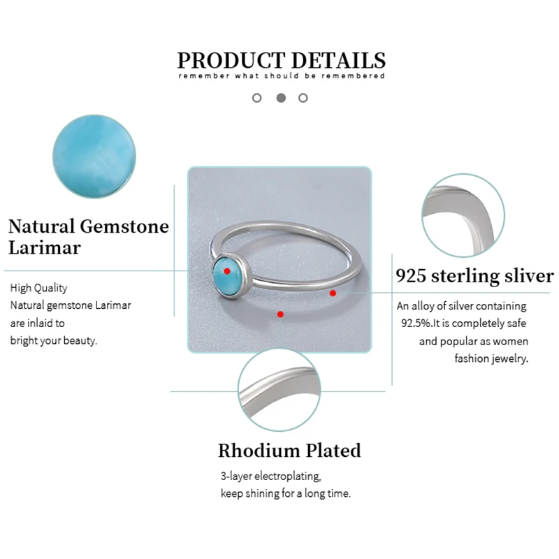 Женское кольцо с ларимаром из стерлингового серебра 925 пробы круглыми