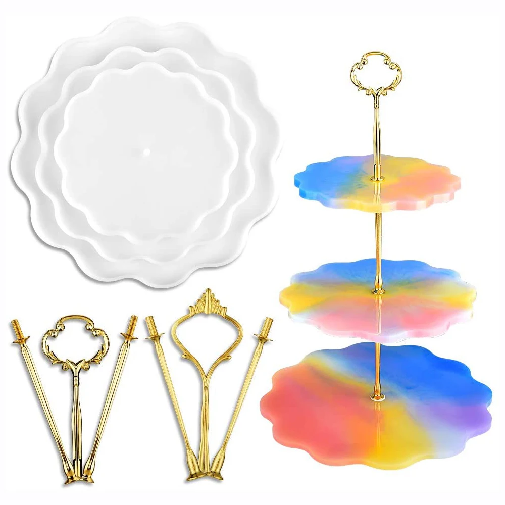 

3 Tier Silicone Resin Cake Stand Plates Mold Foods Stand Serving Tray Mould DIY Coaster Casting with Hardware for Dessert
