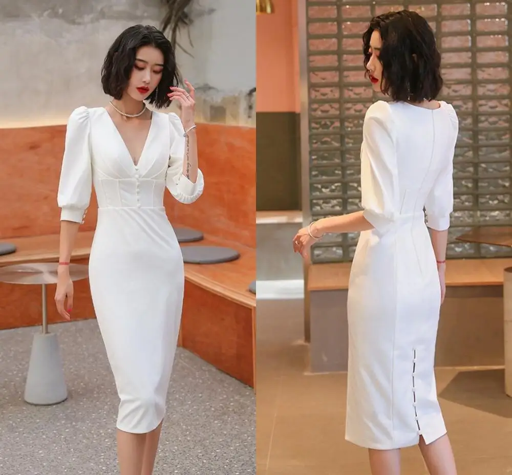 

Элегантное женское официальное платье с разрезом, полурукавами и пуговицами, модель 2020