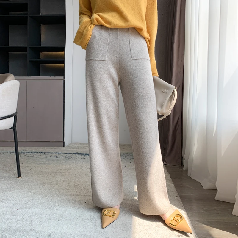 Ladies pants 2021 autumn/winter casual solid color 100% wool trousers thick cashmere wide-leg pants elastic waist trousers hot