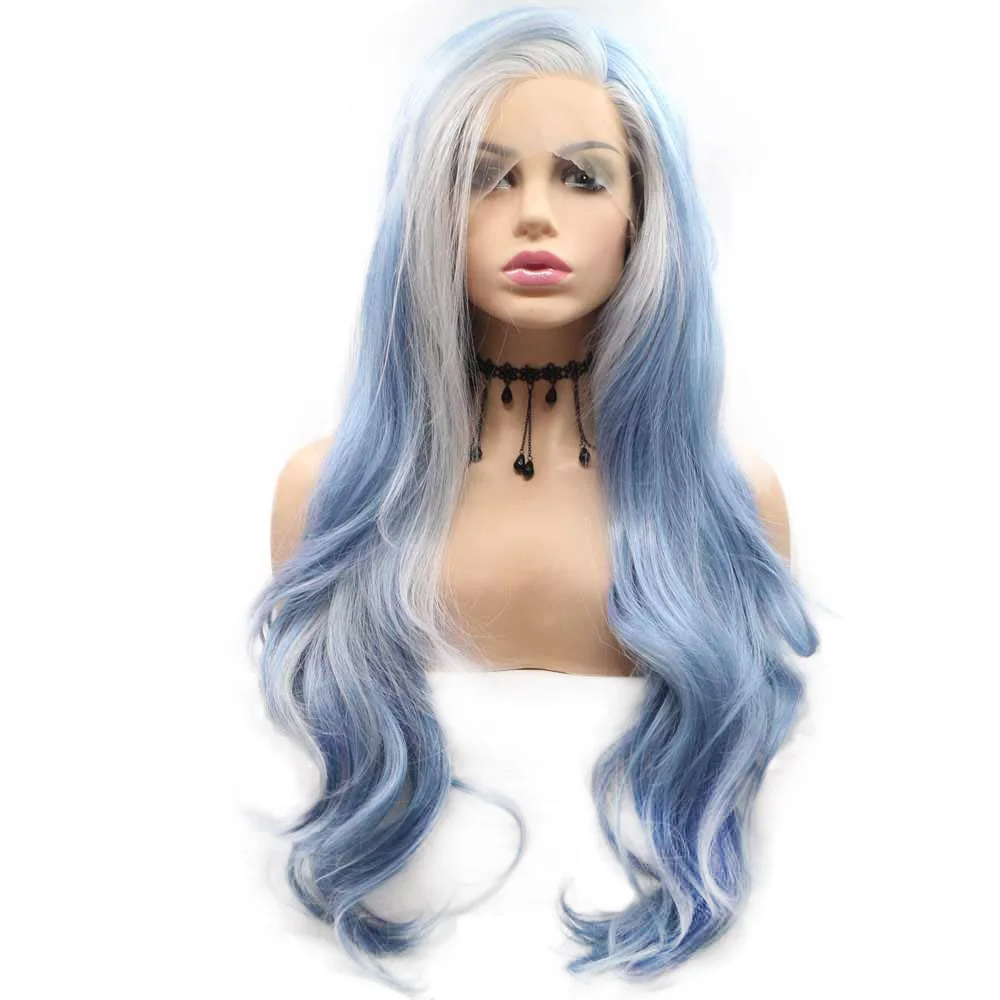 Kanekalon Mermaid Blue White Mixed Color Lace Front Wig Synthetic Long Natural Wavy Side Part Wig Glueless Heat Resistant Fiber