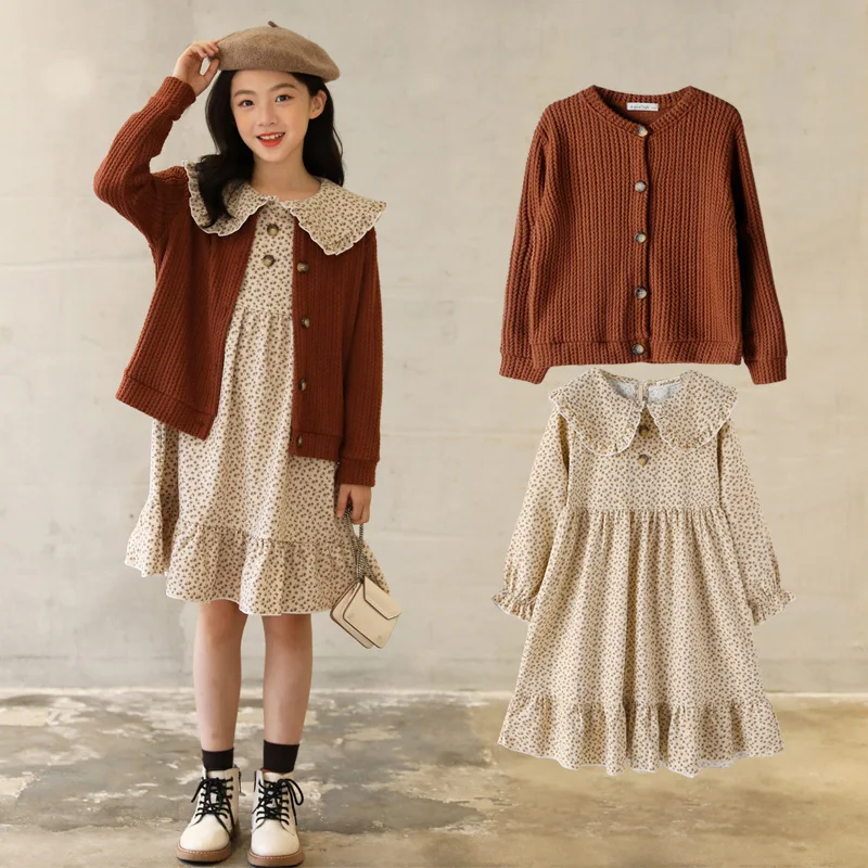 Комплекты для девочек осенний кардиган вязаная верхняя одежда платье с