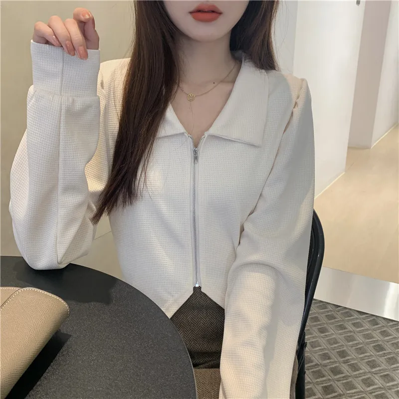 

New Zip Up T-shirts Women Long Sleeve Tops Spring Autumn Fashion POLO Neck Waffle Crop Tops Irregular Vintage T shirt Pullover