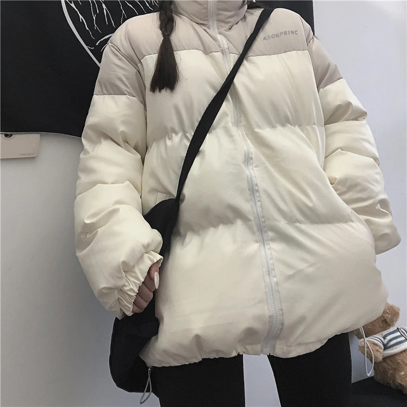 

Vintage Winter Woman Cotton Coat Fashion New Harajuku Stand Collar Korean Jacket Parkas Hit Color Loose Warm Female Outerwear