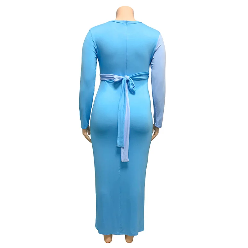 

Contrast Color Belted Plus Size Autumn Dress Women Round Neck Long Sleeve Long Bandage Dress Causal High Waist Bodycon Dress