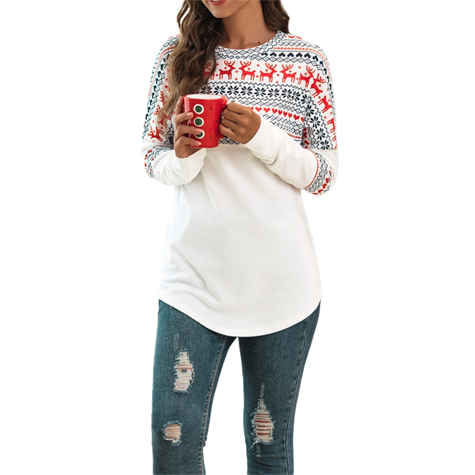 

Women Christmas Casual T-shirt Adults Color Block Printed Long Sleeve Round Neck Pullover
