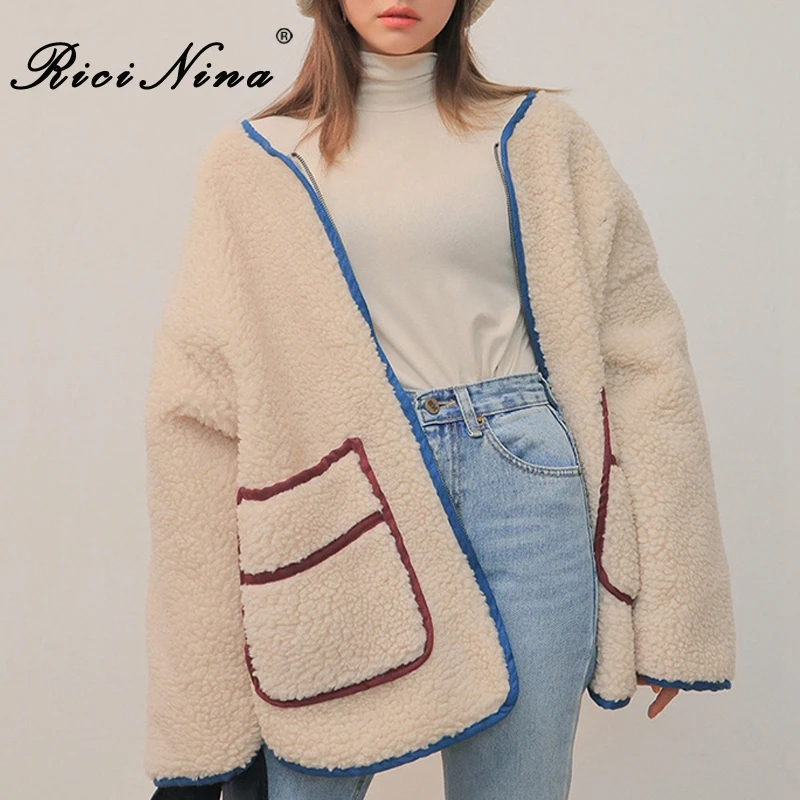 RICININA женское плюшевое пальто зимняя куртка негабаритный карман пэчворк шерсть