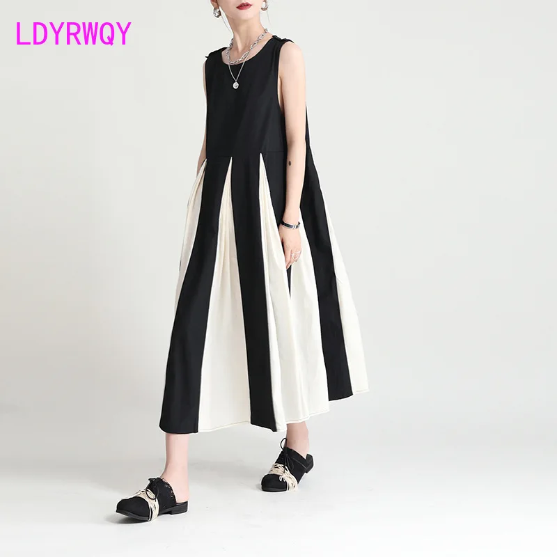 

LDYRWQY 2021 summer French round neck sleeveless suspenders fashion ladies loose belly dress Polyester Office Lady