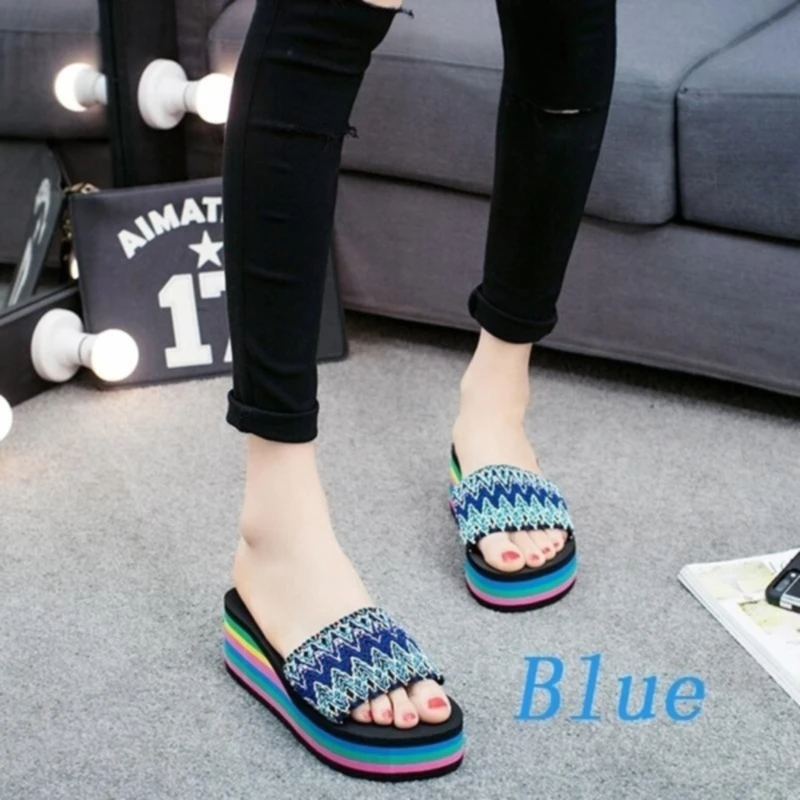 

Women Fashion Sandals Female Wild One Word Drag Muffin Wedge Heels Thick Bottom Non-slip Beach Shoes Summer Slippers