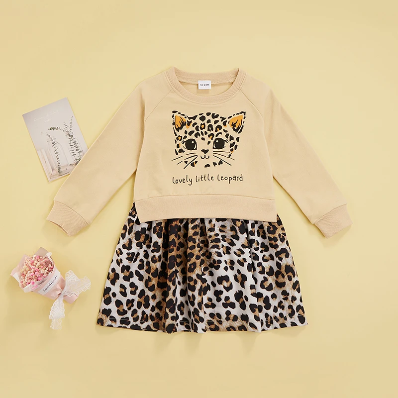 

Детское платье с длинным рукавом, круглым вырезом и леопардовым принтом