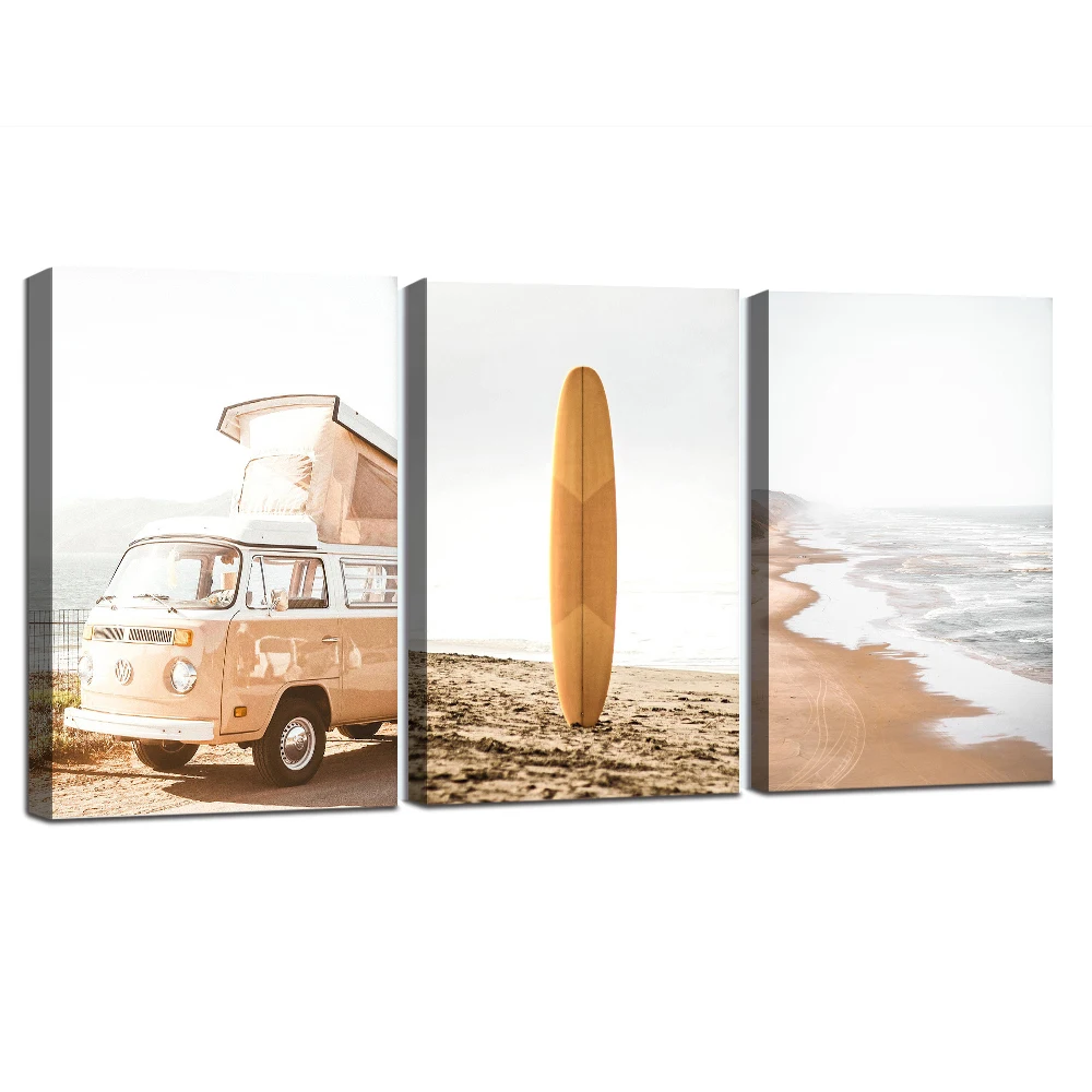

Set of 3 Coastal Wall Art Framed Canvas Printing Ready To Hang Wall Poster Decoration Picture for Living Room Surf Waves Decor