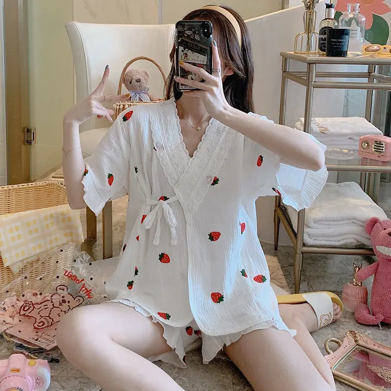Spring and Summer Ladies Pajamas 2021 New Japanese Short-sleeved Cotton Gauze Thin Section Kimono Home Wear Set