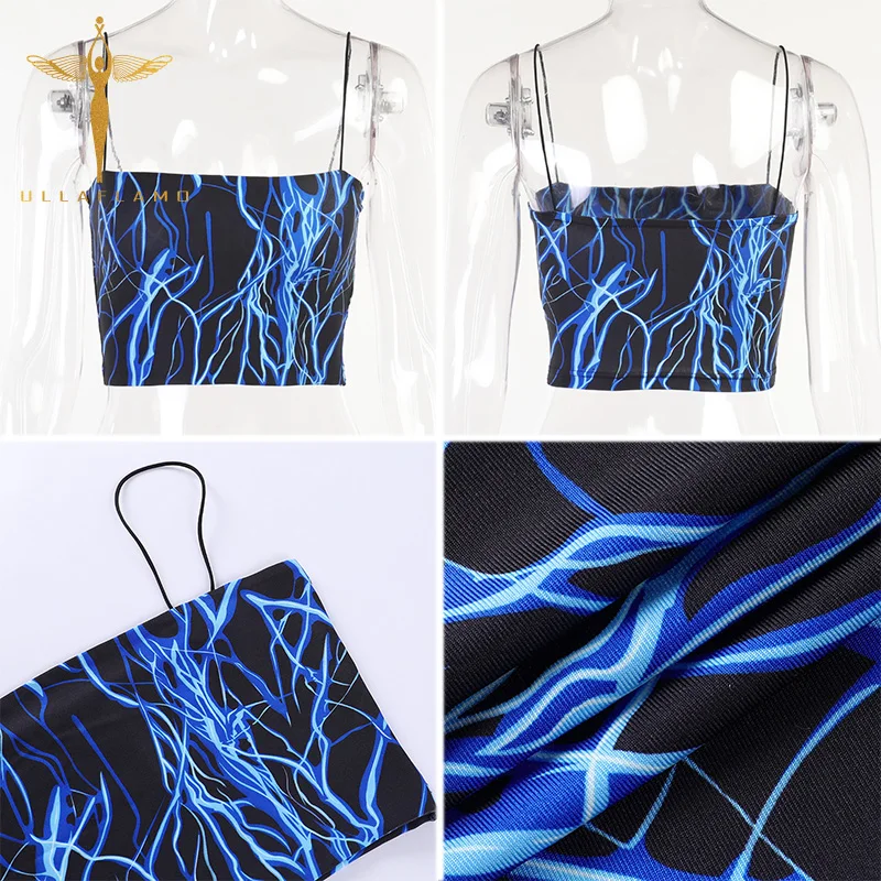 

Sexy Spaghetti Strap Camisole Women's Blue Lightning Print Tank Tops Skinny Backless Crop Tanks Female Slim Y2K Crop Top Summer