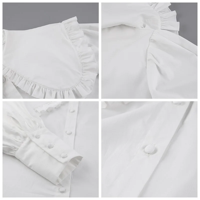 

MosiMolly Cotton Blouses Shirt Big Collar Ruffle Blouses Office Lady Puff Sleeve Shirt Female Blusas 2021