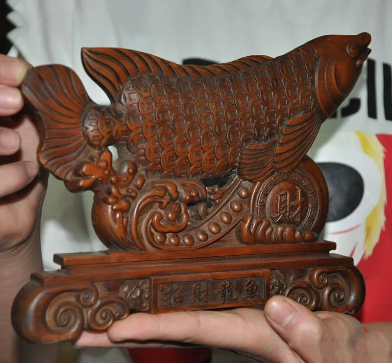 

Wedding Decoration Chinese Fengshui Boxwood wood Carved Ruyi money coin Wealth Goldfish Fish Statue