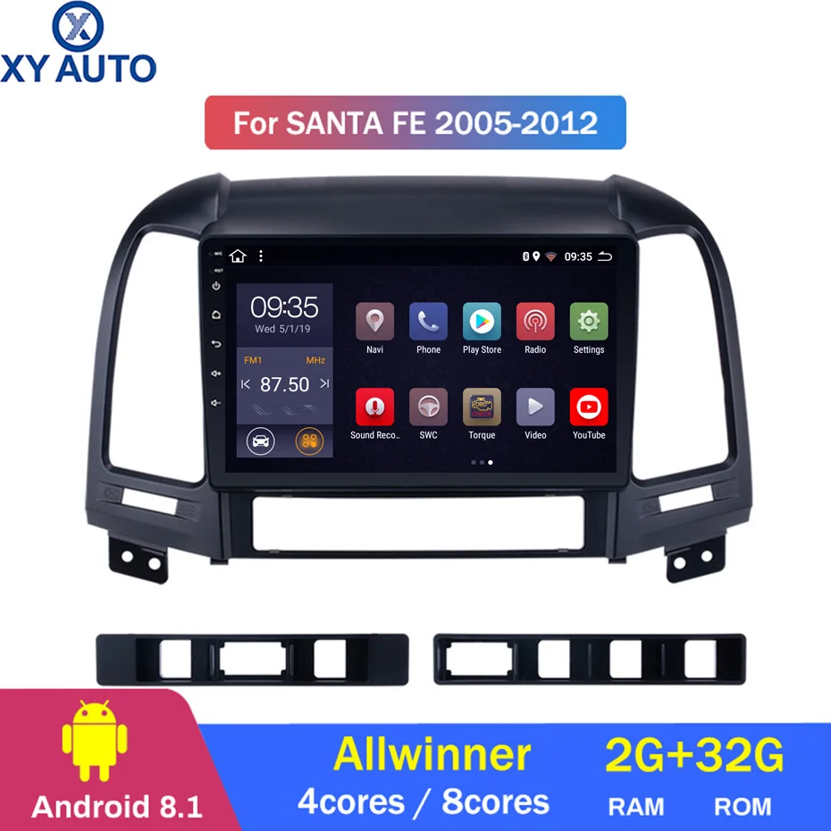 9 дюймов 2.5D IPS HD Мульти-сенсорный экран Android8.1 2G RAM 32G ROM NAVI для Hyundai Santa Fe 2005-2012 с Bluetooth