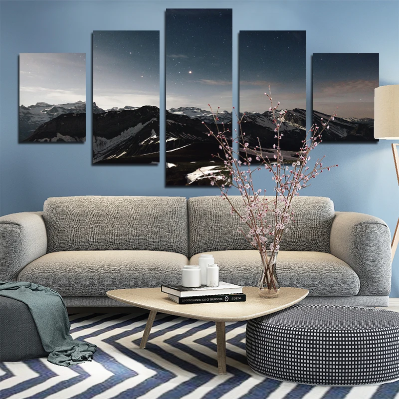 Картина на холсте Снежная гора современный постер с изображением звездной ночи