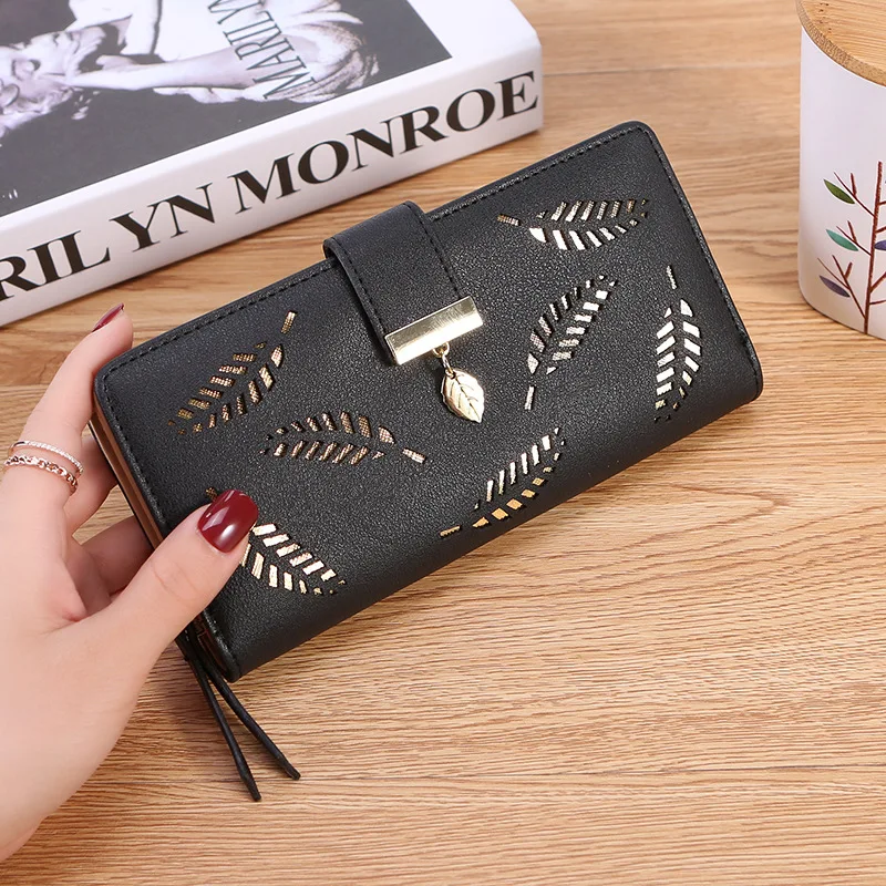 Women Wallets PU Leather Purse Female Long Wallet Gold Hollow Leaves Pouch Handbag for Women Coin Purse Card Holders Clutch