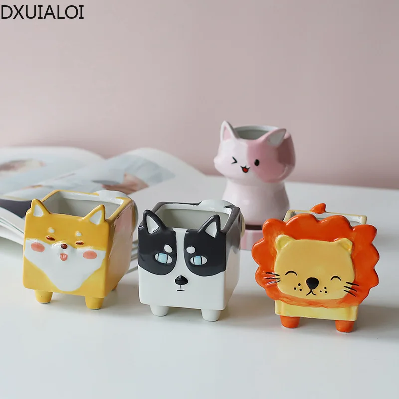 

DXUIALOI Creative Square Cute Animal Ceramic Flower Pot Succulent Ornaments Kitten Gardening Desktop Home Decoration Ornaments