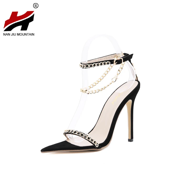 

2021 summer new style chain open toe stiletto super high heel buckle sandals Pointed toe plus size pu women's sandals 35-42 size