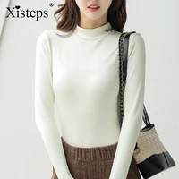 xisteps new autumn winter women o neck long sleeve warm thick shirt female embroidered pullover stretch tops plus size