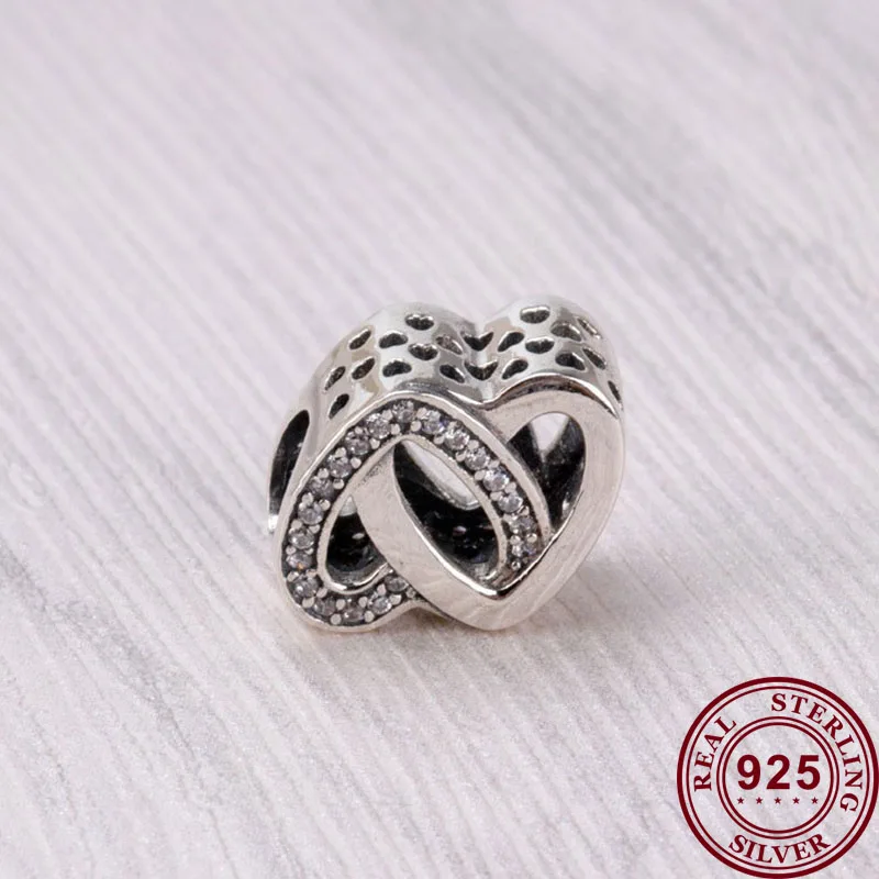 

Original 925 Sterling Silver Bead Double Heart With Crystal Beads Fit Pandora Women Bracelet & Necklace Diy Jewelry