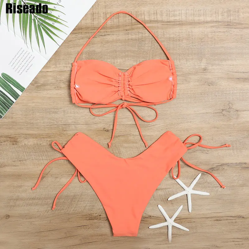 

Riseado Halter Bikini Drawstring Swimwear Women Orange Swimsuit Push Up Biquini Bandeau Bathing Suit Sexy High Cut Beachwear