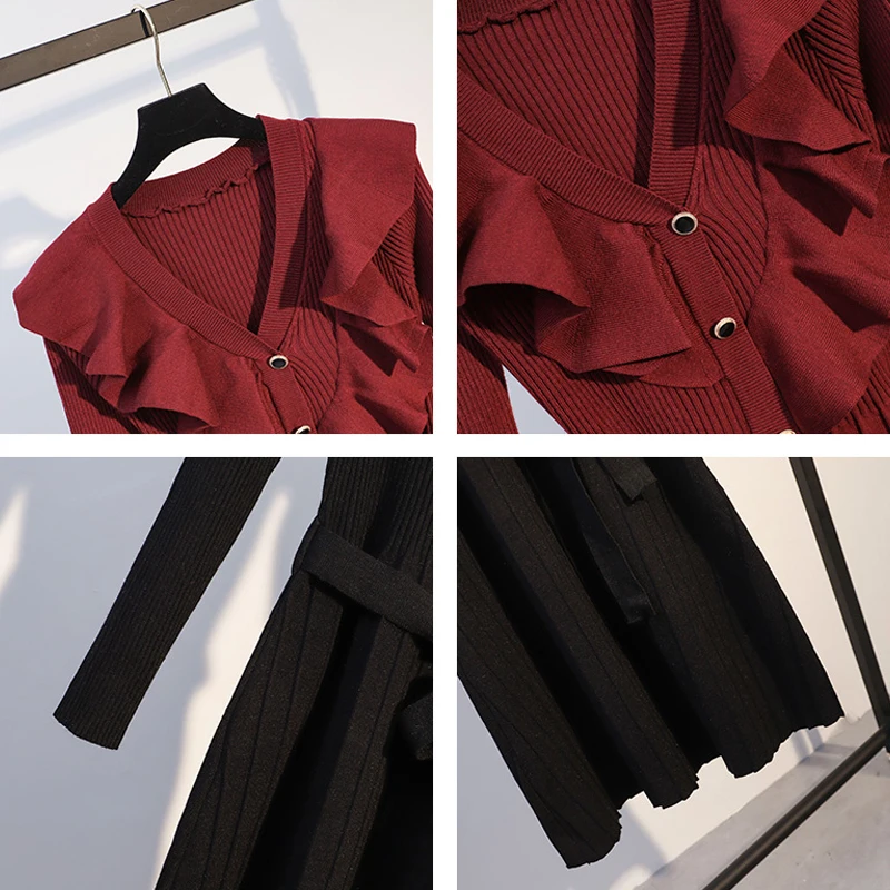 

Ruffles Patchwork Slim Knit Mid-length Dresses Women Elegant Long Sleeve Lace Up High Waist Elastic Pleated Party Dress Female