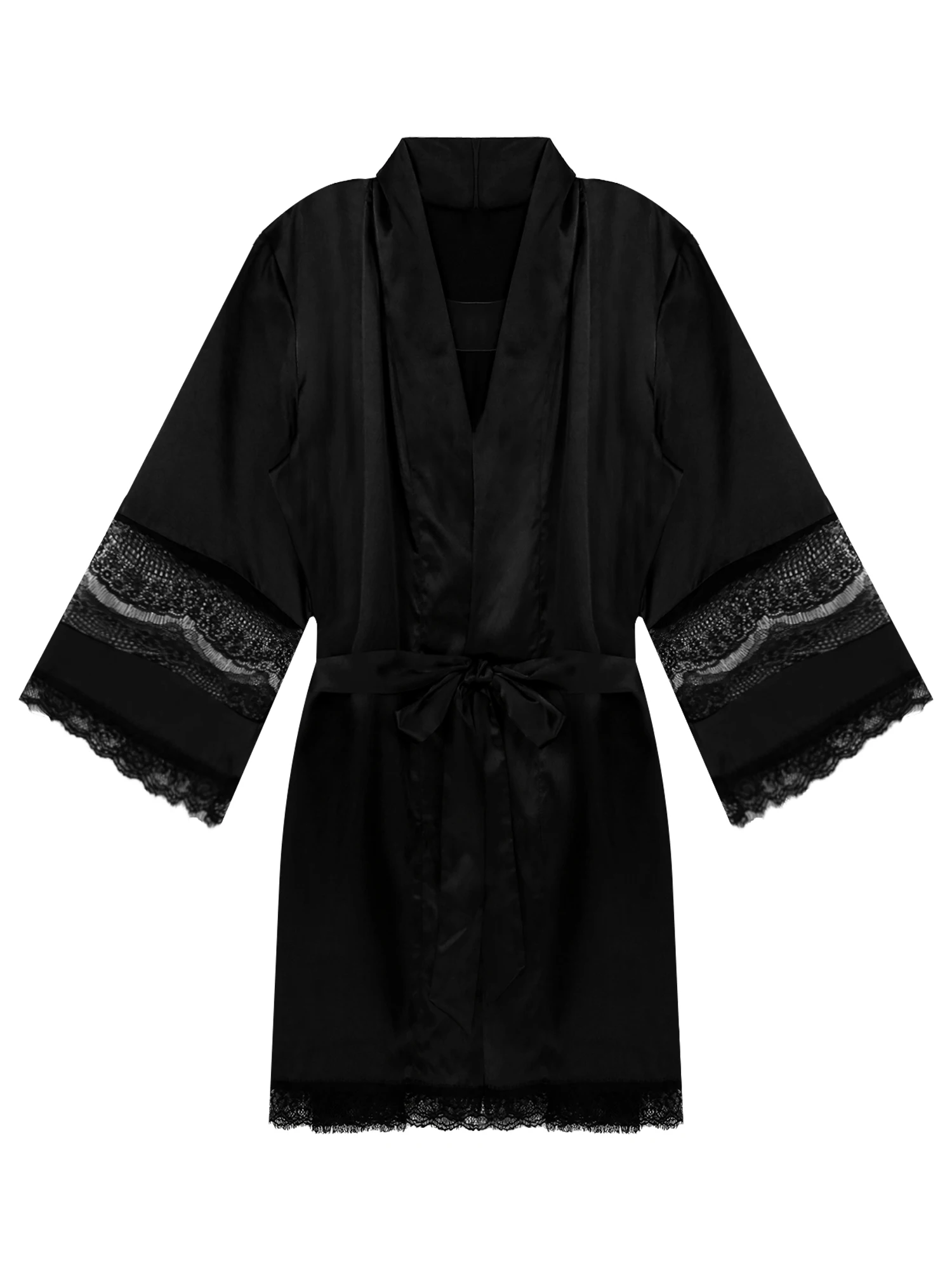 Mens Satin Night-robe Sissy Kimono Bathrob See-Through Floral Lace Patchwork Nightwear  Sleepwear Homewear Loungewear With Belt