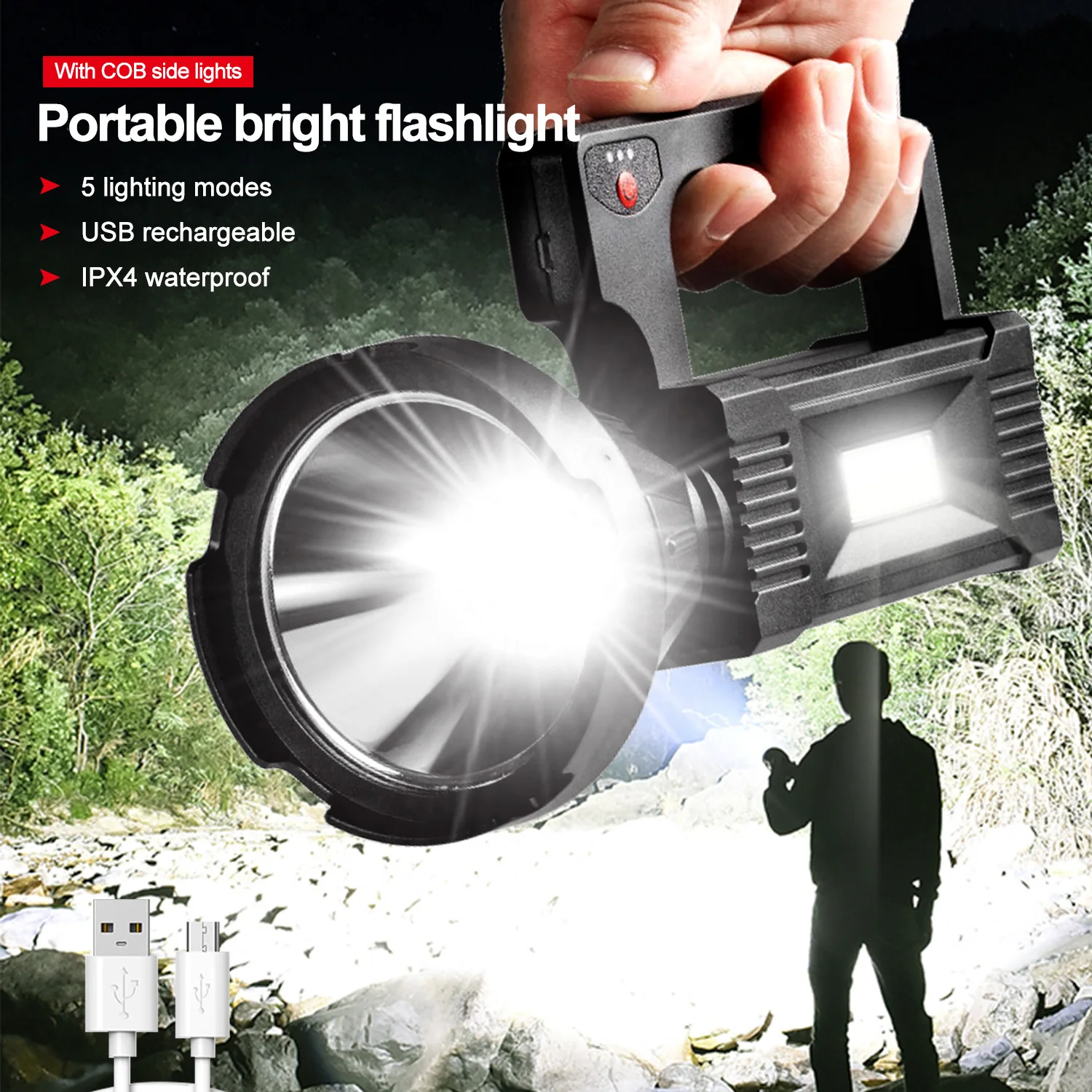 

10W 1000LM XPE+COB Flashlight 5-Speed Charged Display COB Side Torch USB Rechargeable Portable Searchlight Emergency Work Light