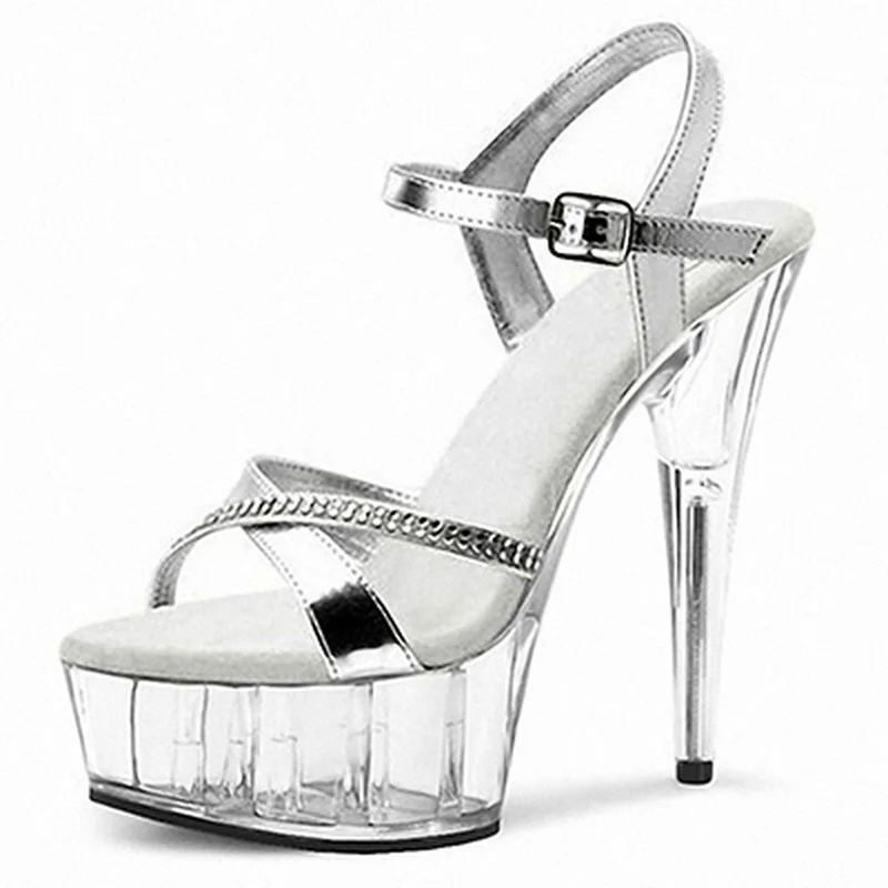 

Mclubgirl 15cm Heels Round Head Buckle Super High Heel Fish Mouth Glitter Powder Nightclub Heel Crystal Heel Sandals LYP