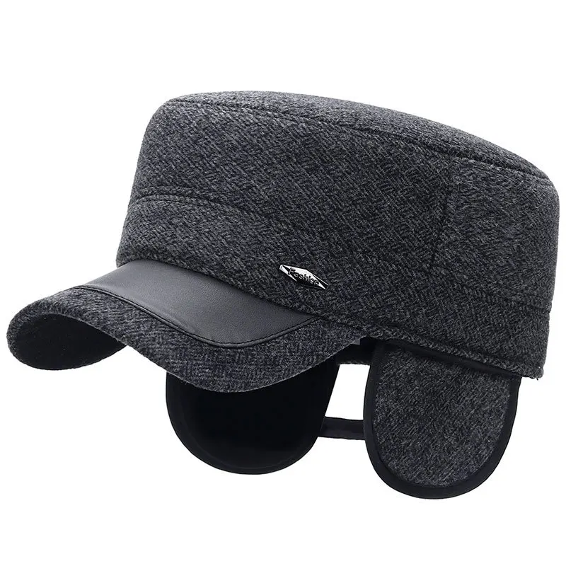 

PU Flat Top Military Hats For Men Vintage Winter Cap Hats For Middle aged Men Outdoor Warm Cap