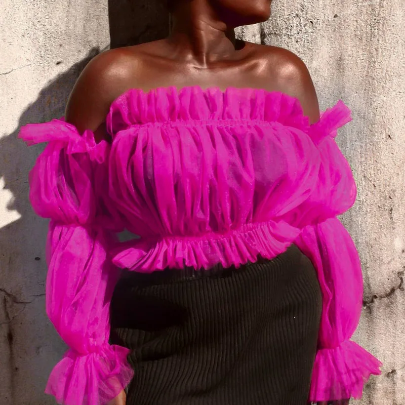 

Chic Fuchsia Short Tulle Women Blouses 2020 Off The Shoulder Women Tops With Three Quarter Sleeves Blusas Summer Ropa Mujer