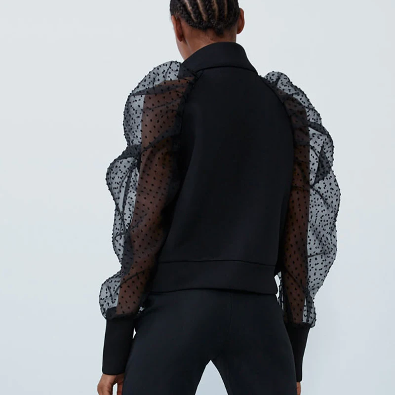 Женская полупрозрачная куртка с воротником-стойкой и длинным рукавом | одежда