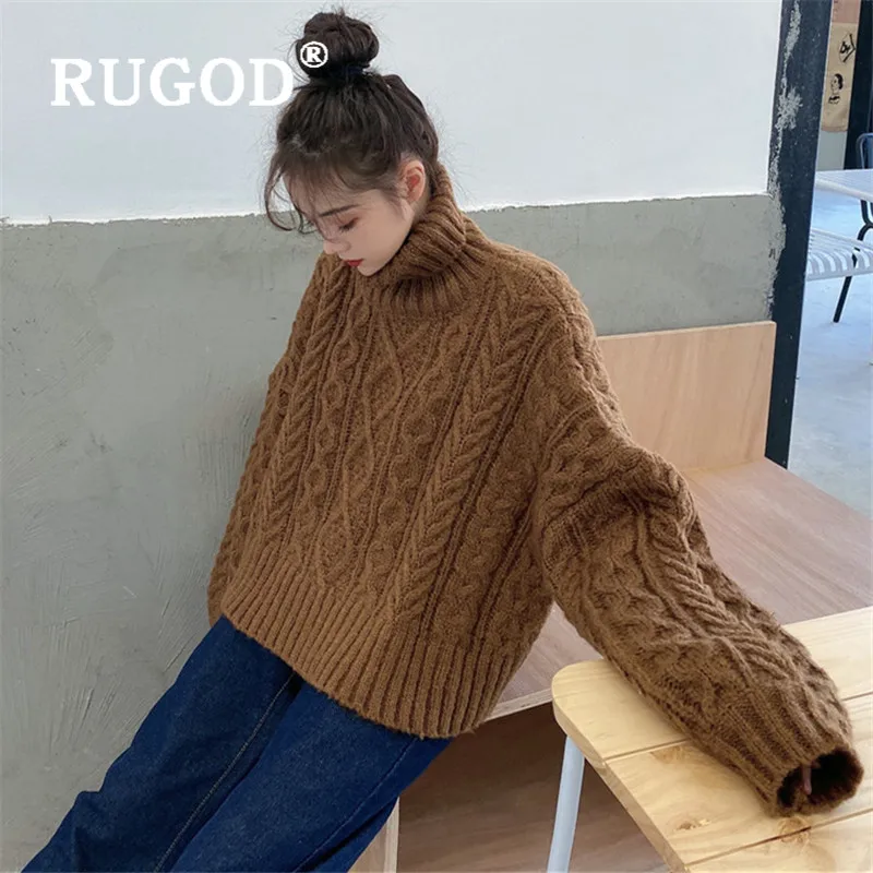 RUGOD Turtleneck Knitted Sweater Twist Pattern Pullover Solid Jumper Winter Tops For Women Knitwear Loose Korean Style Fashion | Женская
