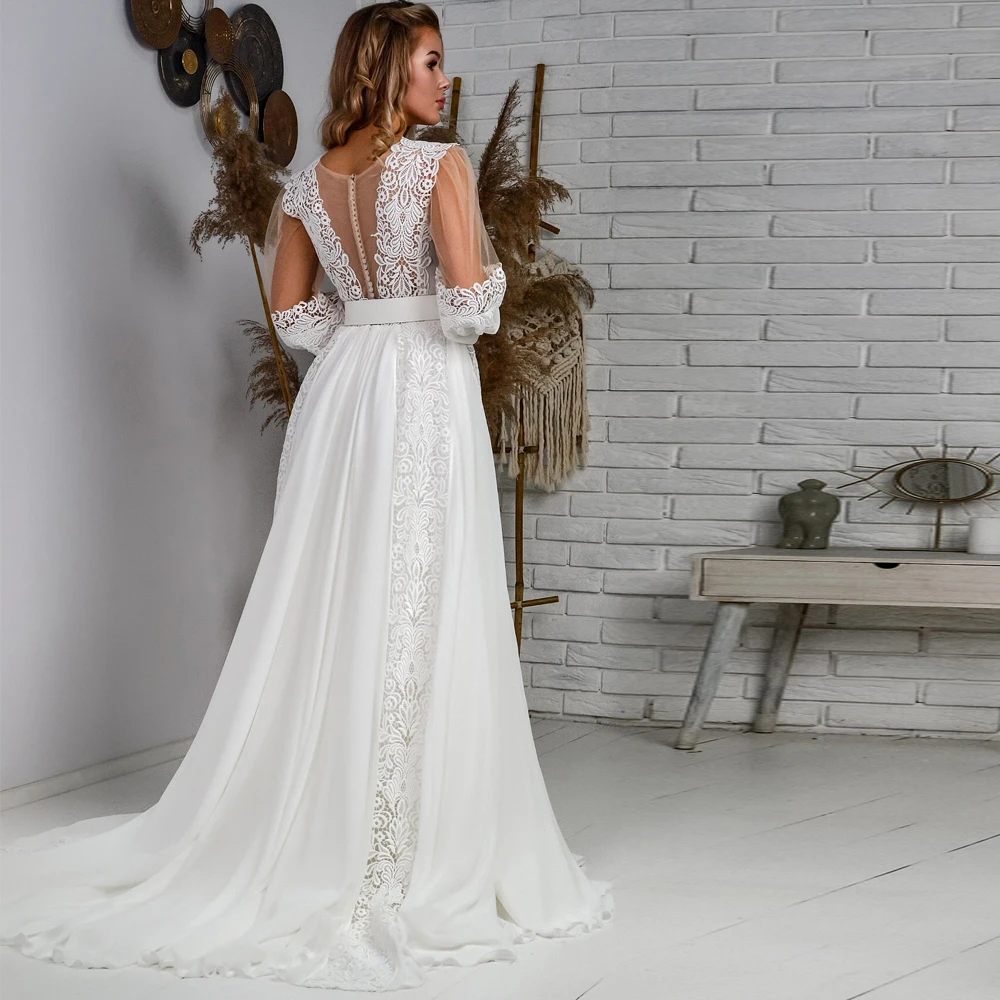 

Vestidos Elegant Wedding Dresses Tulle Illusion Appliques Sashes Bateau Full Sleeve Covered Button Ball Bridal Gowns