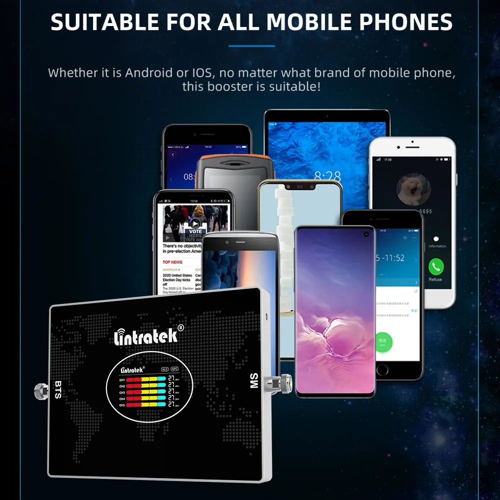 Lintratek 5 Band Cellular Amplifier B28 700 900 1800 2100 2600 MHZ B2 B4 B7 LTE GSM 2G 3G 4G Signal Booster Mobile Repeater 70dB