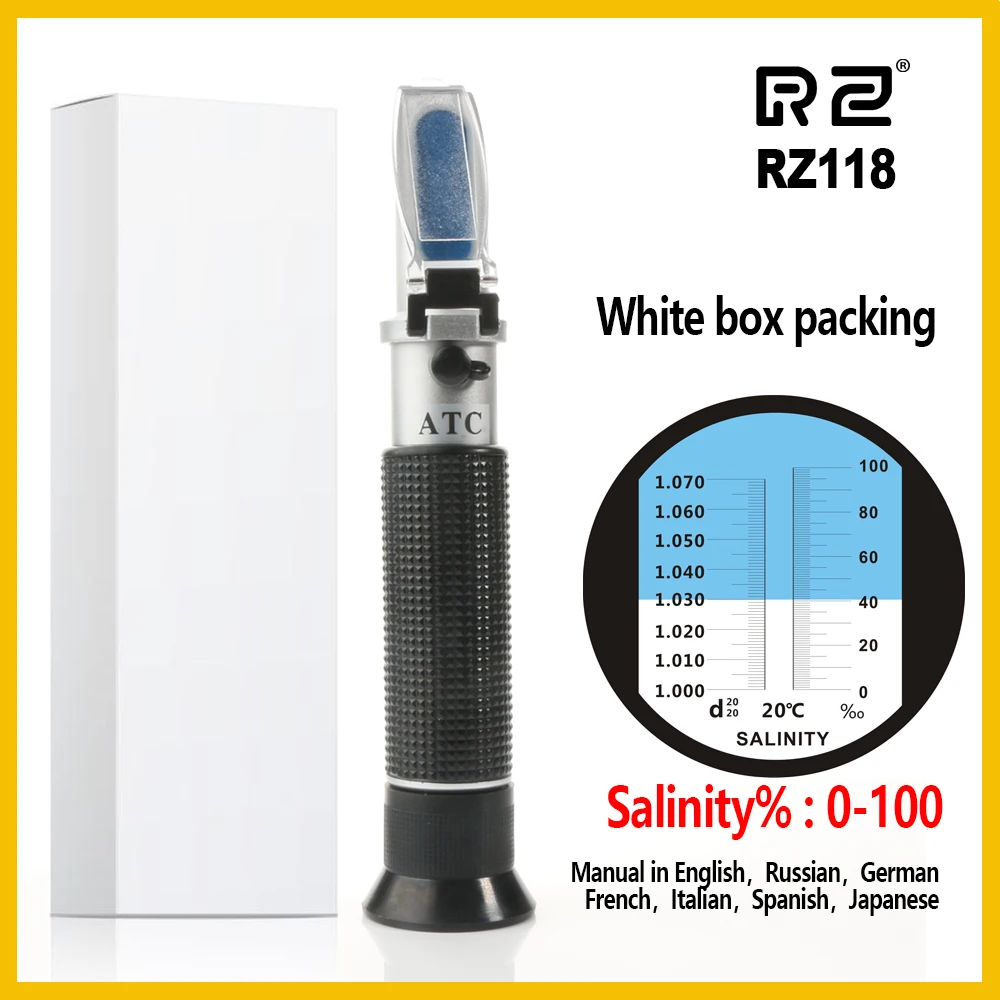 RZ118-WHITE BOX RZ рефрактометр морской солености метр концентрации соленой воды аквариума ручной марикулярный разведение гравиметр RZ118 0~ 10 - Цвет: RZ118-WHITE BOX