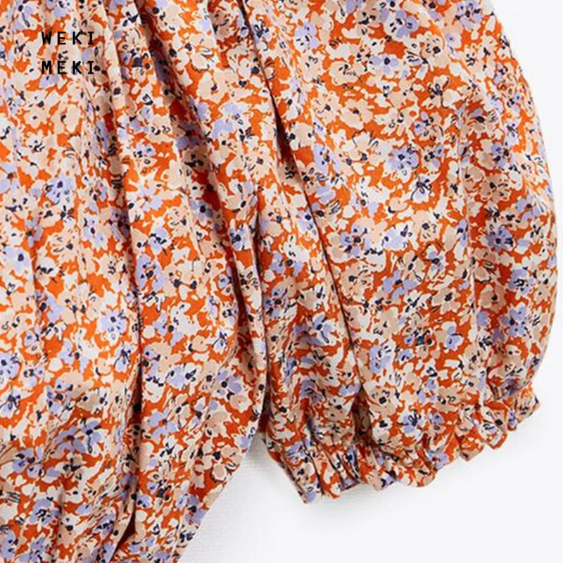

WEKI MEKI New Summer Women Short Blouse Strapless Puff Sleeve Floral Printed Slash Collar Female Loose Ruffles Thin Top Blouse