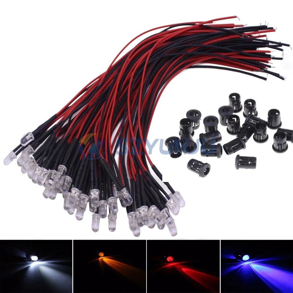 10-100pcs 3mm/5mm Red/Green/Blue/RGB white UV DC12V  Round Pre-Wired Water Clear LED With Plastic Holder