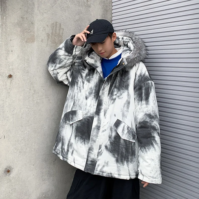 

Winter cotton clothes men's tide cotton clothes 2020 new style popular style tie-dyed coat thickened big wool collar coat