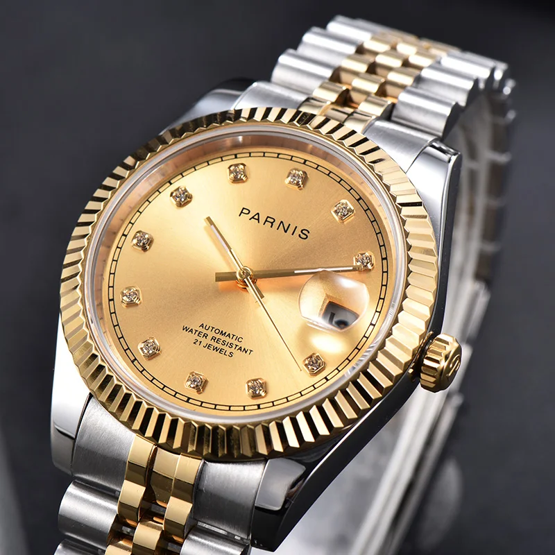 

New Parnis Gold Dial Mens Watches Calendar silver gold strap Bracelet Clasp Automatic Mechanical Men's Watch uhren herren 2021