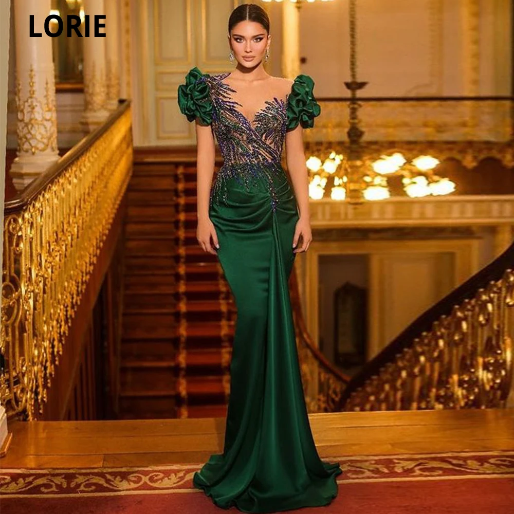 LORIE Green Satin V-neck Prom Dresses 2022 Fashion Appliques Puff Sleeves Ruffles Robes De Soirée Christmas Gowns Clubbing Gown