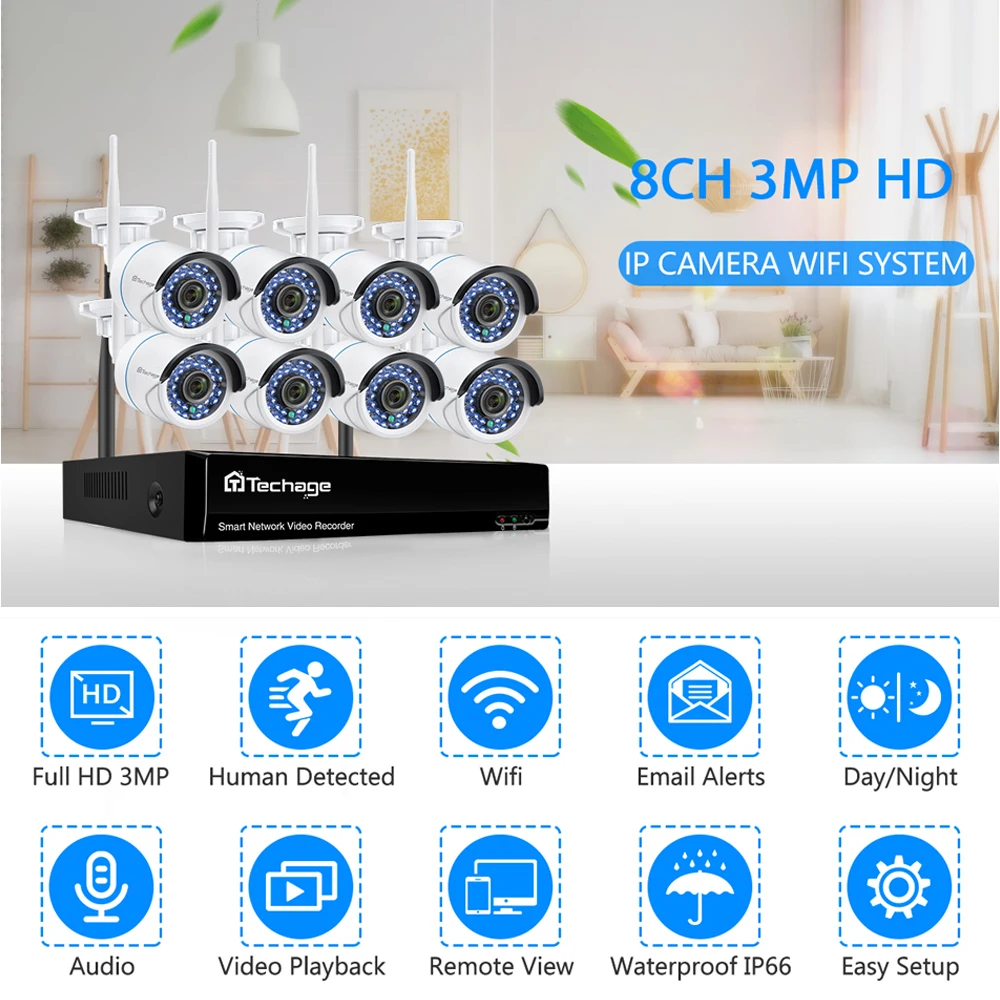Techage 8 канальный 3 мегапиксельный беспроводной сетевой видеорегистратор H.265 WiFi IP